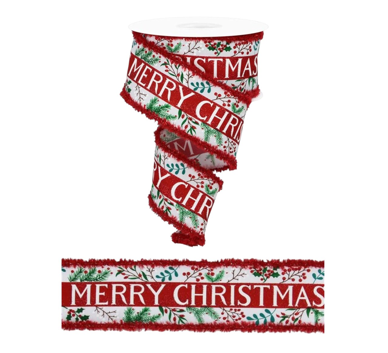 RG Ribbon: Merry Christmas with Berries and Greens, Wired, 2.5" x 10 Yards, Drift Edges - White, Red, Green